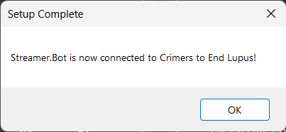 Once all information populated correctly and submitted, the confirmation window will appear with a message stating that Streamer.Bot is now connected to your Tiltify campaign.